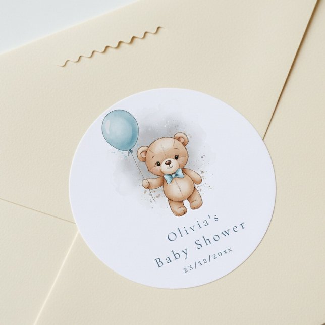 Baby Shower for Boy Blue Balloon Teddy Bear Classic Round Sticker (Creator Uploaded)