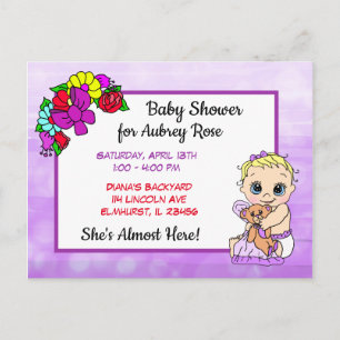 Baby Shower for Girl, Baby and Teddy Bear Purple Postcard