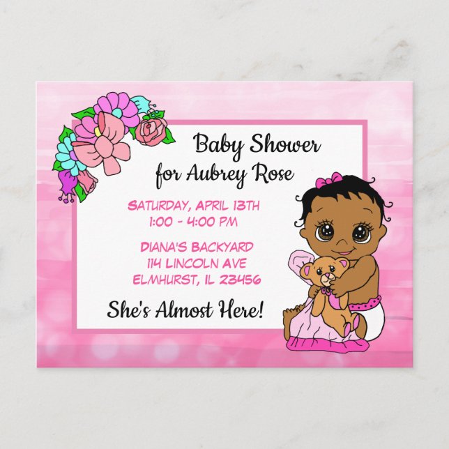 Baby Shower for Girl, Pink Bow Ethnic Baby Invite Postcard (Front)