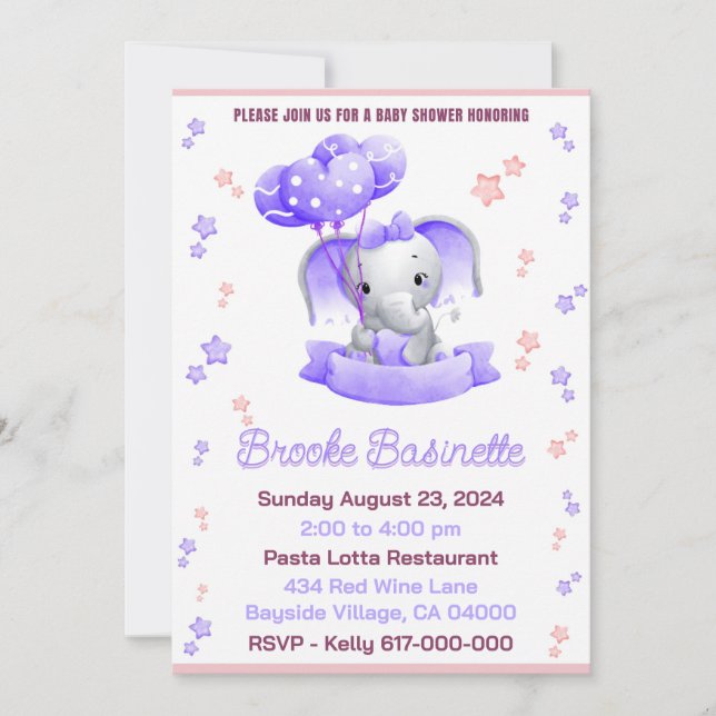 Baby Shower for Girl Pink & Purple Baby Elephant  Invitation (Front)