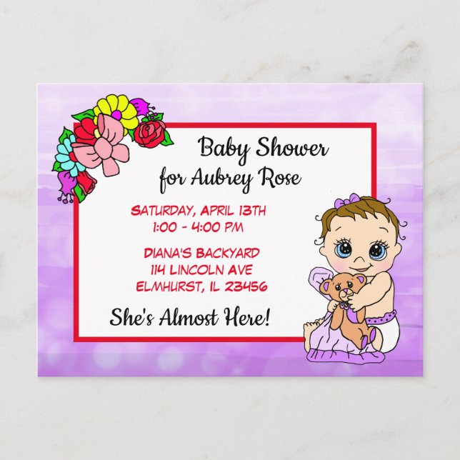 Baby Shower for Girl, Purple Floral Baby Postcard (Front)