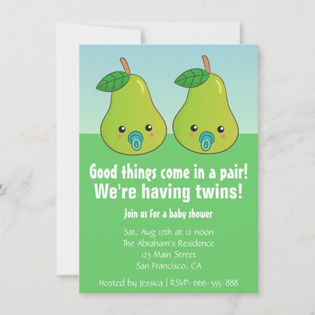 Baby Shower for Twins - Cute pears with pacifiers Invitation (Front)