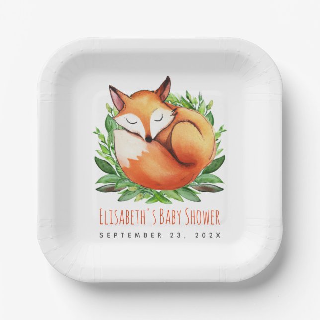 Baby Shower Fox Sleeping Cute Woodland Watercolor Paper Plate (Front)