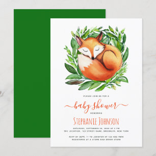 Baby Shower Fox Sleeping in Greenery Cute Woodland Invitation