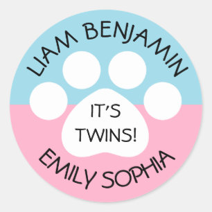 Baby Shower - Fraternal Twins - Paw Print Theme Classic Round Sticker