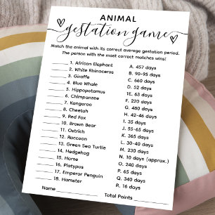 Baby Shower Game Animal Gestation Card