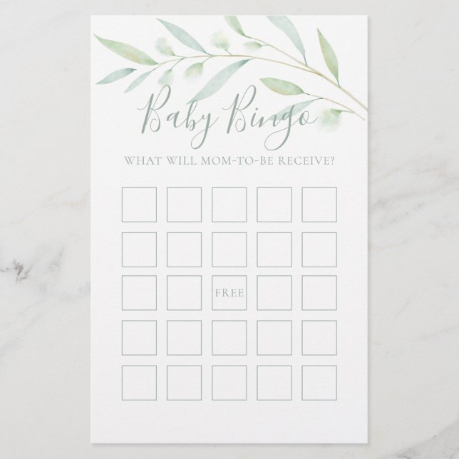 Baby Shower Game Baby Bingo Greenery Watercolor (Front)