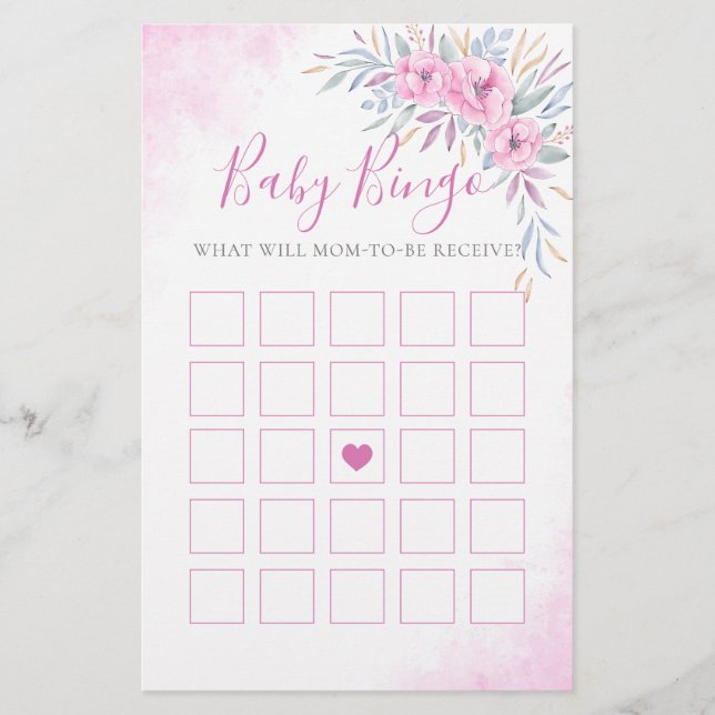 Baby Shower Game Bingo Flowers Watercolor Pink (Front)