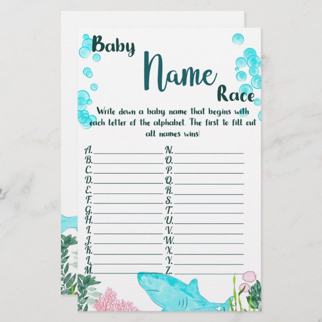 Baby Shower Game Card Baby Name Race (Front/Back)
