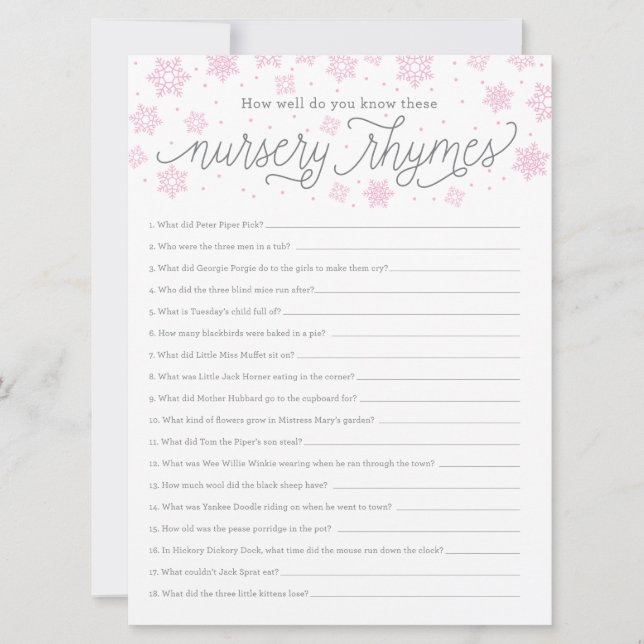 Baby Shower Game CardNursery Rhyme Game Snowflake Invitation (Front)