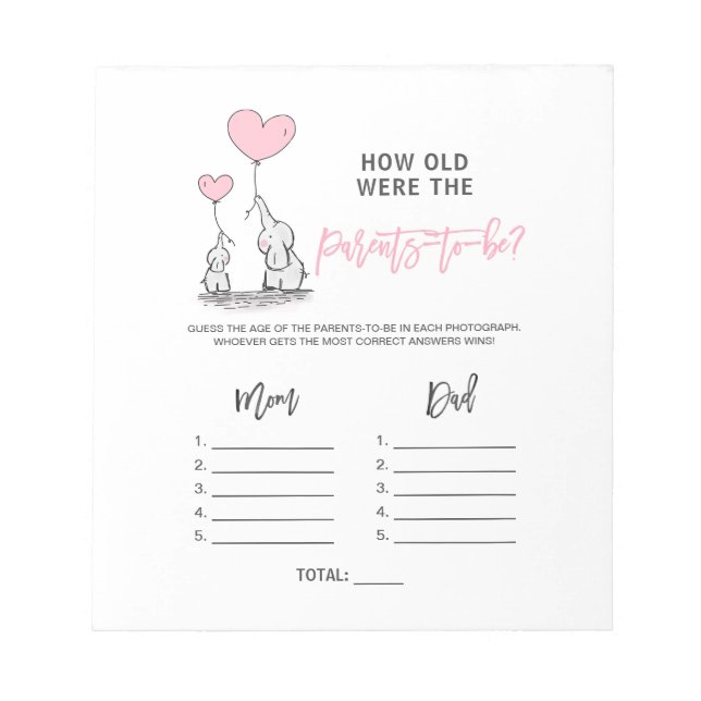 BABY SHOWER GAME Elephant - How old Parents Photo Notepad (Front)