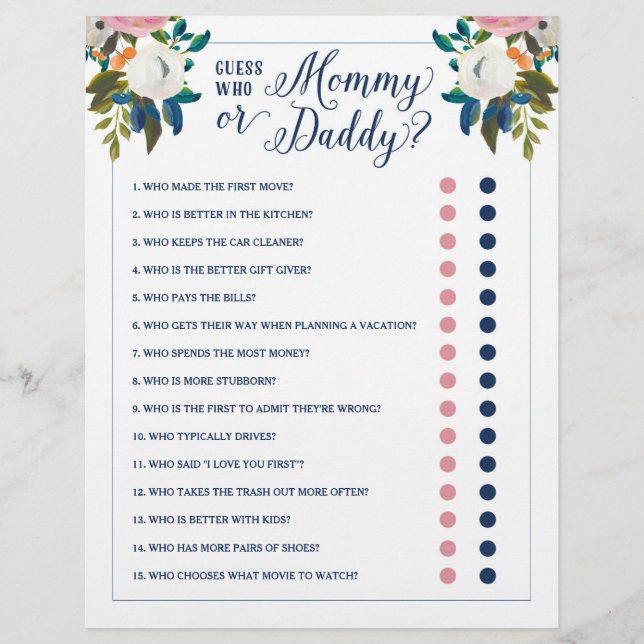 Baby Shower Game Guess Who Mummy or Daddy Editable (Front)