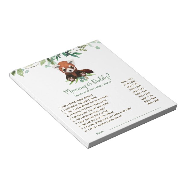 Baby Shower Game Guess Who Red Panda Bear Notepad (Angled)