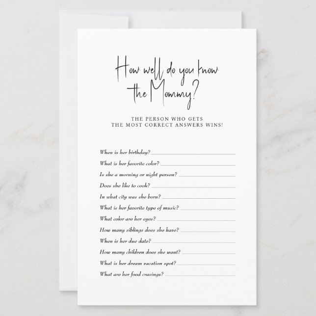 Baby Shower Game How well do you know Mummy (Front)