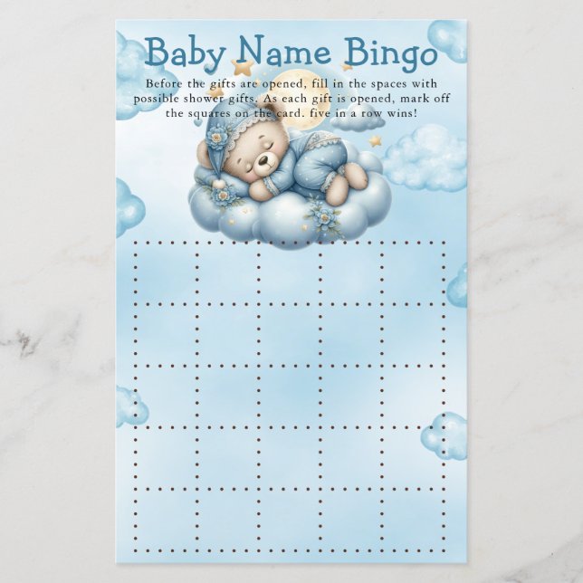 Baby Shower Game It's A Boy Teddy Bear Bingo (Front)