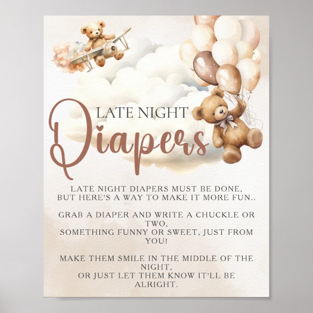 Baby Shower Game LATE NIGHT DIAPERS Bear Balloons Poster (Front)