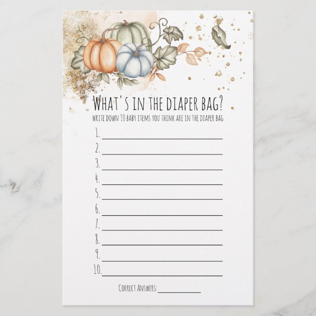 Baby Shower Game What's in Diaper Bag Card (Front)