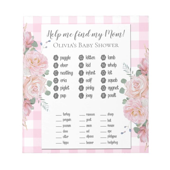Baby Shower Games Find My Mum Pink Roses Gingham Notepad (Front)