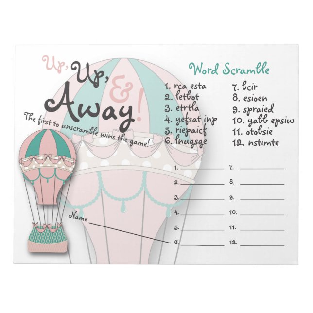 Baby Shower Games, Word Scramble, Hot air Balloon Notepad (Front)