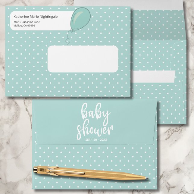 Baby Shower Gender Neutral Mint Green BOHO Envelope (Baby Shower Envelope with mint green and white polka dots, balloon, return address, baby shower date)