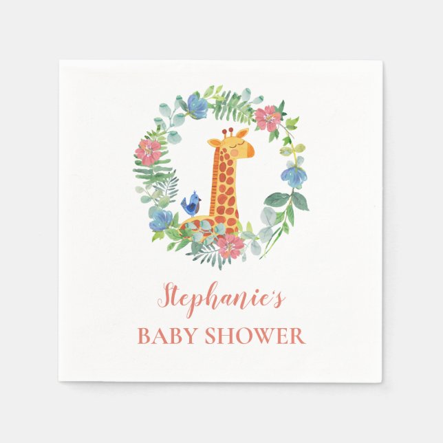 Baby Shower Giraffe Floral Wreath Personalised Napkin (Front)
