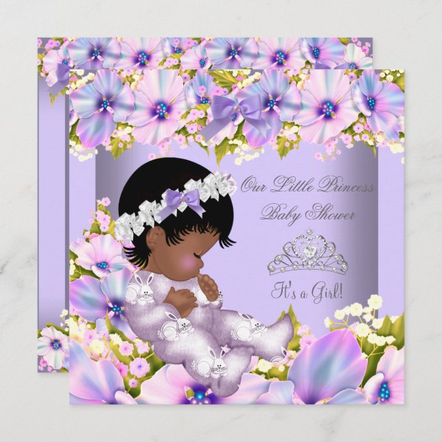 Baby Shower Girl African American Purple Princess Invitation (Front/Back)