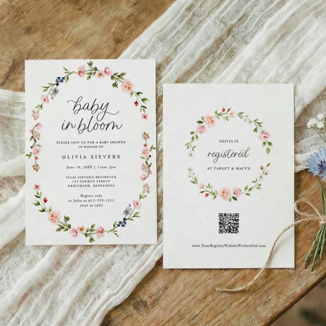 Baby Shower Girl Baby in Bloom Pink Floral Invitation (Baby in bloom baby shower invitation with oval watercolor floral frame and pink flowers)