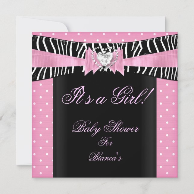 Baby Shower Girl Baby Pink Black Zebra polka dots Invitation (Front)