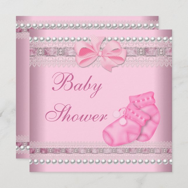 Baby Shower Girl Baby Pink Booties Pearl Lace Invitation (Front/Back)