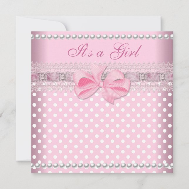 Baby Shower Girl Baby Pink Spot Pearl Lace Invitation (Front)