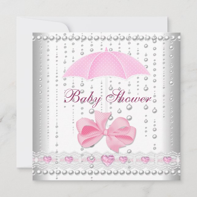 Baby Shower Girl Baby Pink Umbrella Pearl White Invitation (Front)