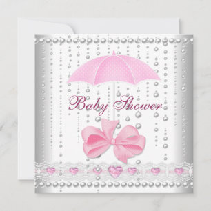 Baby Shower Girl Baby Pink Umbrella Pearl White Invitation
