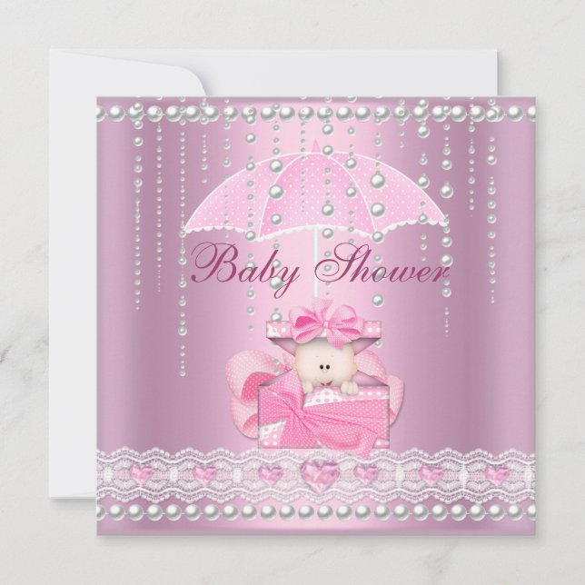Baby Shower Girl Baby Pink Umbrella Pearl White Invitation (Front)