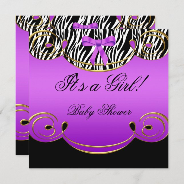 Baby Shower Girl Baby Purple Black Zebra Invitation (Front/Back)