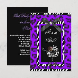 Baby Shower Girl Baby Purple Black Zebra Invitation