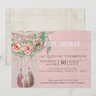 Baby Shower Girl BOHO Dream Catcher Wood Floral Invitation