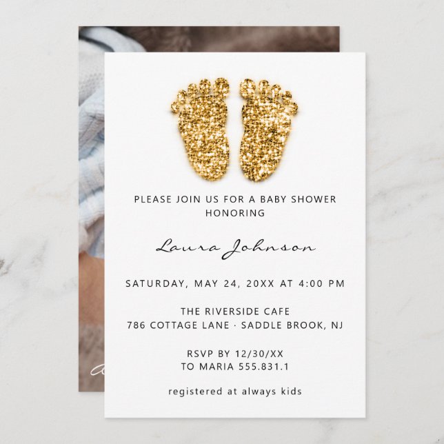 Baby Shower Girl Boy Feet Glitter Photo Gold Invitation (Front/Back)