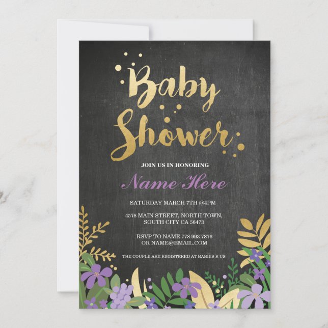 Baby Shower Girl Boy Invite Gold Purple Pink Black (Front)