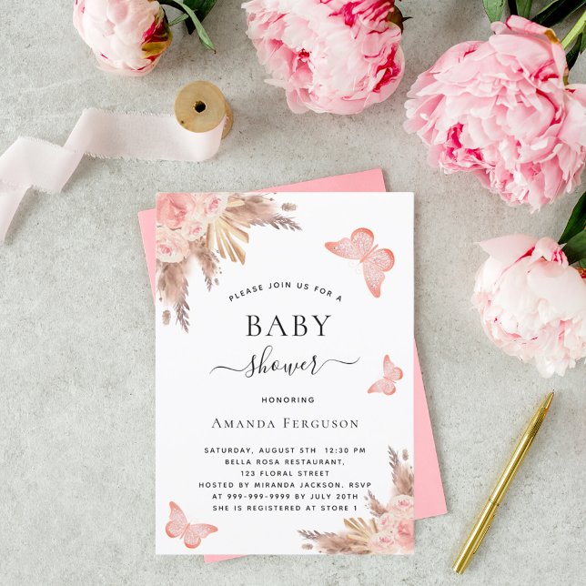 Baby shower girl butterfly pampas grass blush invitation (Creator Uploaded)