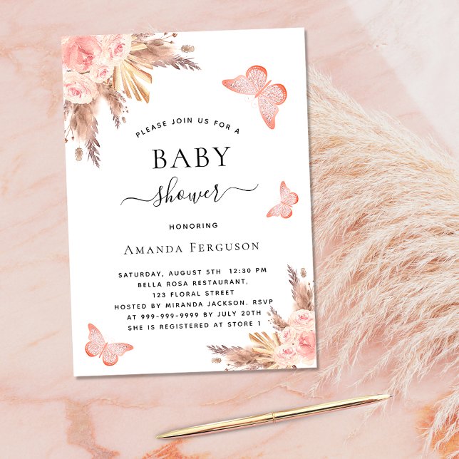Baby shower girl butterfly pampas rose gold luxury invitation (Creator Uploaded)