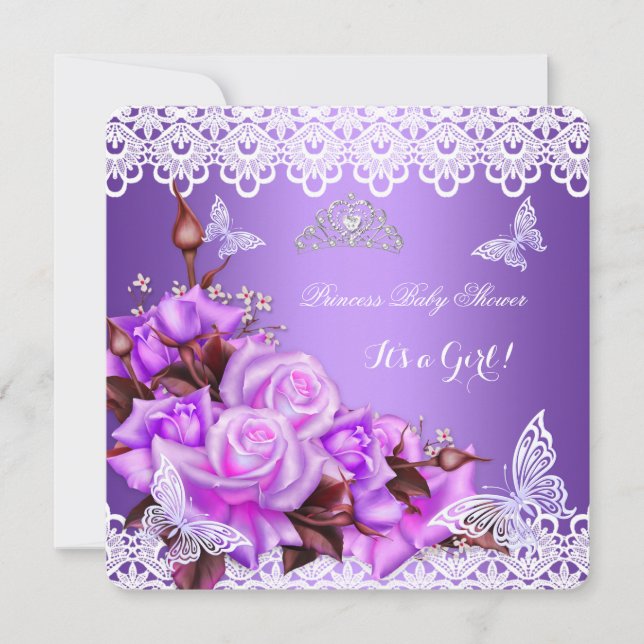 Baby Shower Girl Butterfly Purple Pink Lilac Roses Invitation (Front)