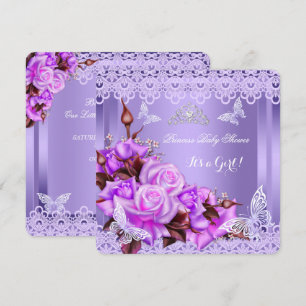 Baby Shower Girl Butterfly Purple Pink Roses 2 Invitation