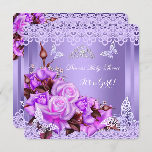 Baby Shower Girl Butterfly Purple Pink Roses 2 Invitation (Front/Back)