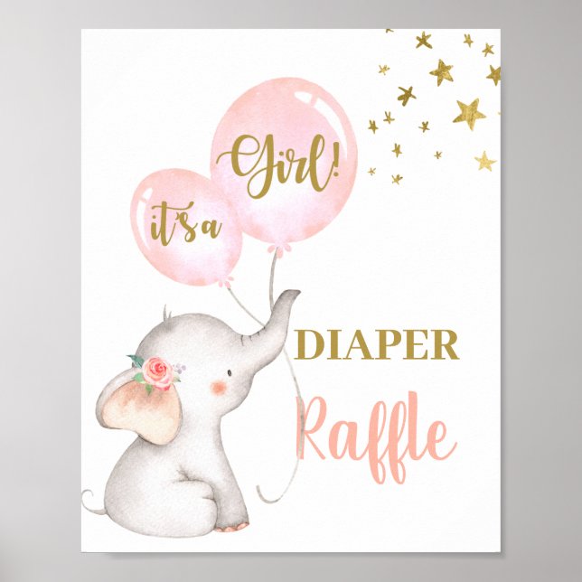 Baby Shower Girl Elephant Diaper Raffle sign (Front)