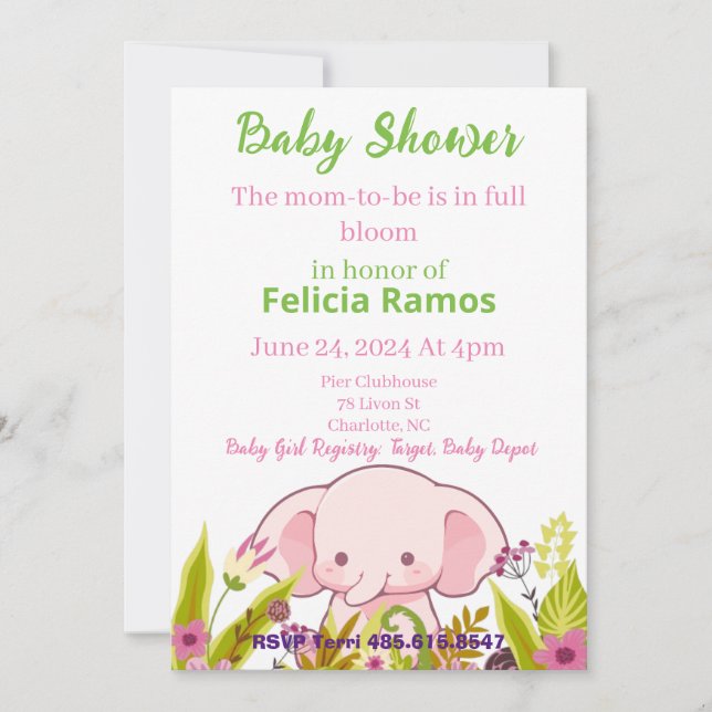 Baby Shower Girl Elephant Pink Flowers  Invitation (Front)