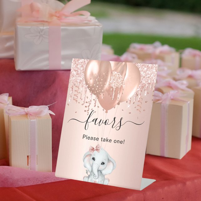 Baby Shower girl elephant rose gold balloons favou Pedestal Sign (Creator Uploaded)