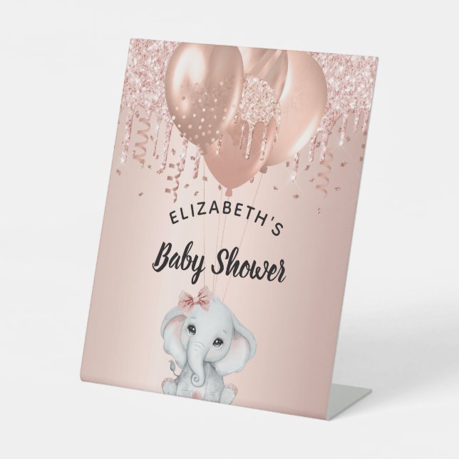 Baby Shower girl elephant rose gold balloons  Pedestal Sign (Front)