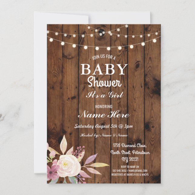 Baby Shower Girl Floral Wood Lights Rustic Invite (Front)