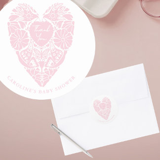 Baby shower girl folk flower heart  classic round sticker