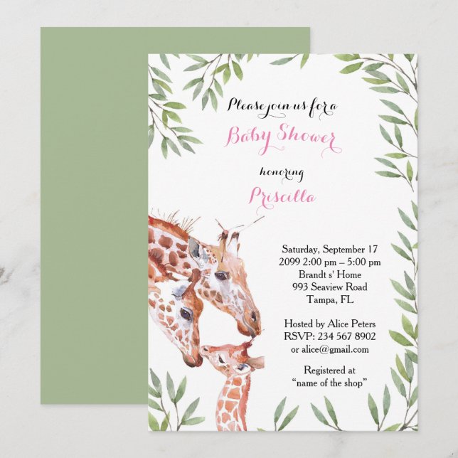 Baby Shower GIRL, giraffe, white, almond, leaves Invitation (Front/Back)